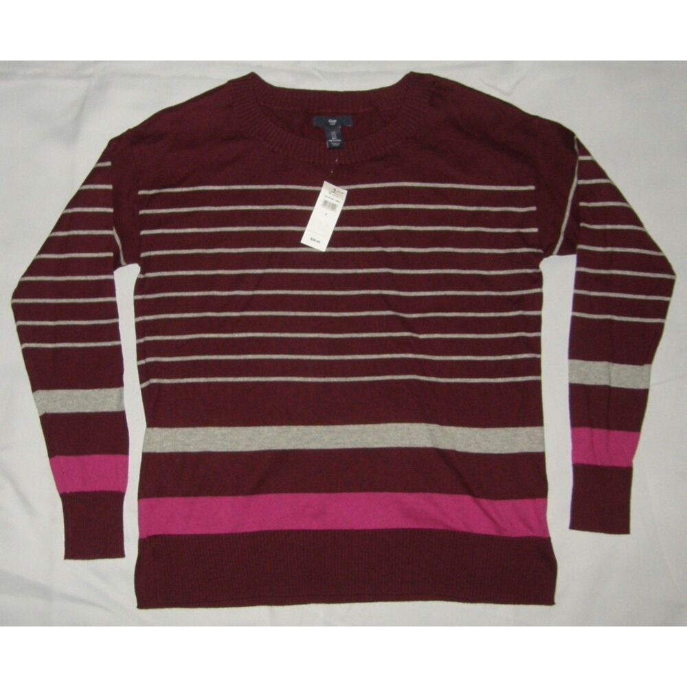 GAP Wine Striped Sz Small Stretchy Cotton Lightweight Crew Neck Sweater NEW NWT